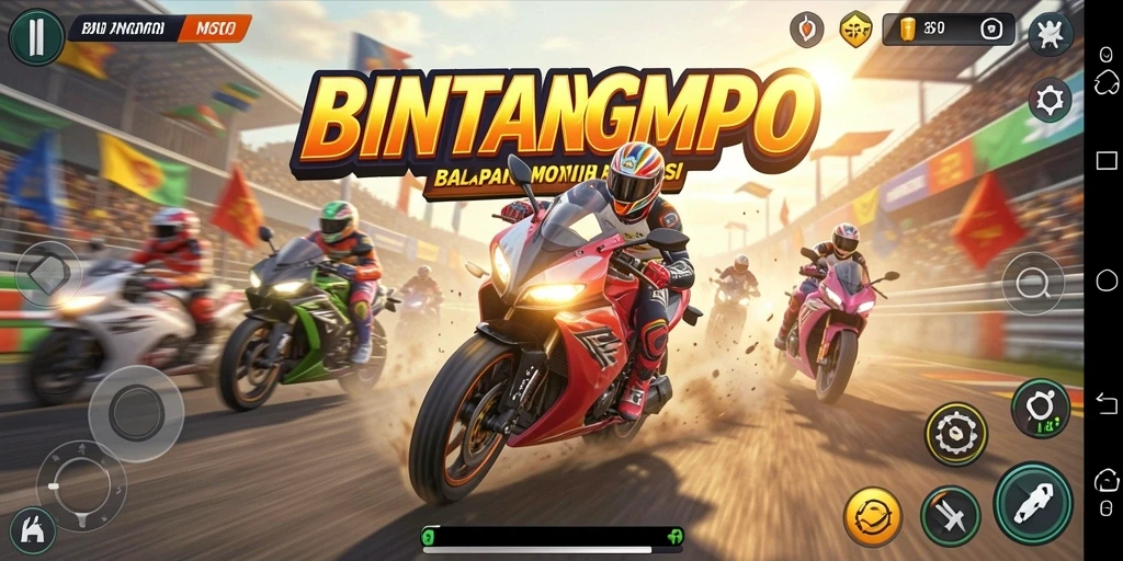 Tangkapan layar utama BINTANGMPO menampilkan balapan motor yang mendebarkan.