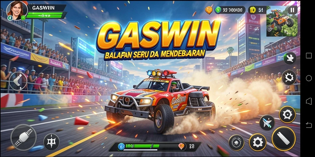 Gameplay GASWIN menghadirkan aksi balapan yang mendebarkan.