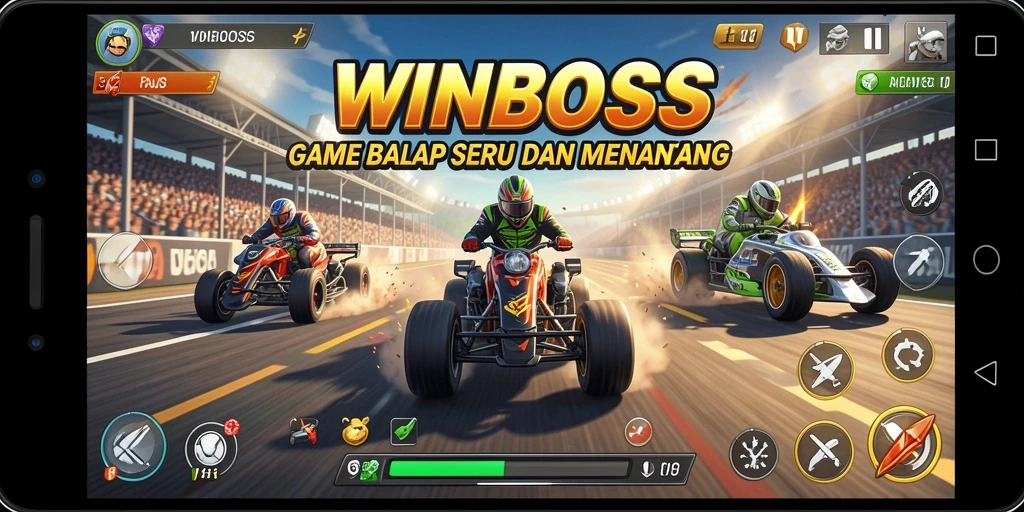 Screenshot gameplay WINBOSS yang menampilkan aksi balapan yang mendebarkan.